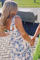 Blue Floral Print Tie Straps Long Prom Dresses Preppy Graduation Gown with Split